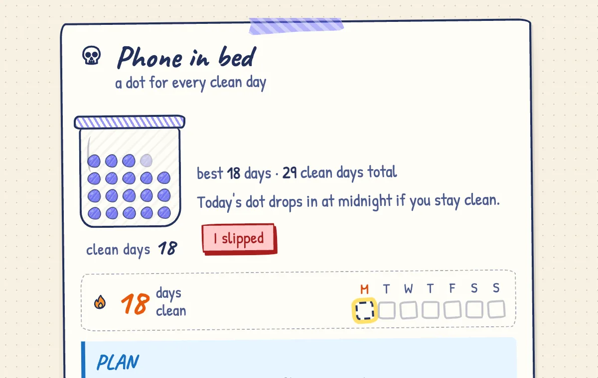 A bad-habit card with clean-day marbles